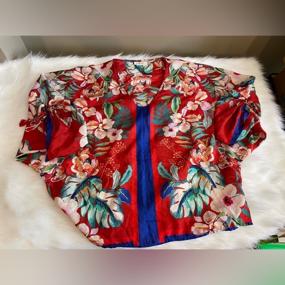 Johnny Was Evy Silk Floral V-Neck Blouse - Red and Blue - Picture 5 of 10
